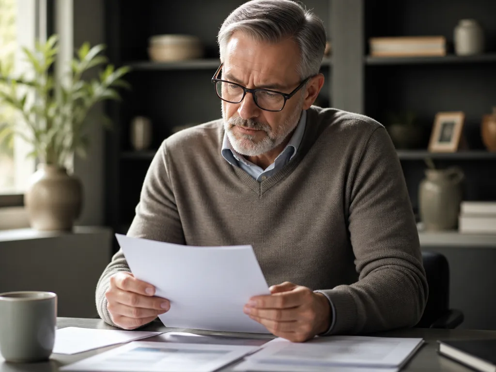 Professionell som granskar pensionsdokument vid ett modernt skrivbord i varmt naturligt ljus