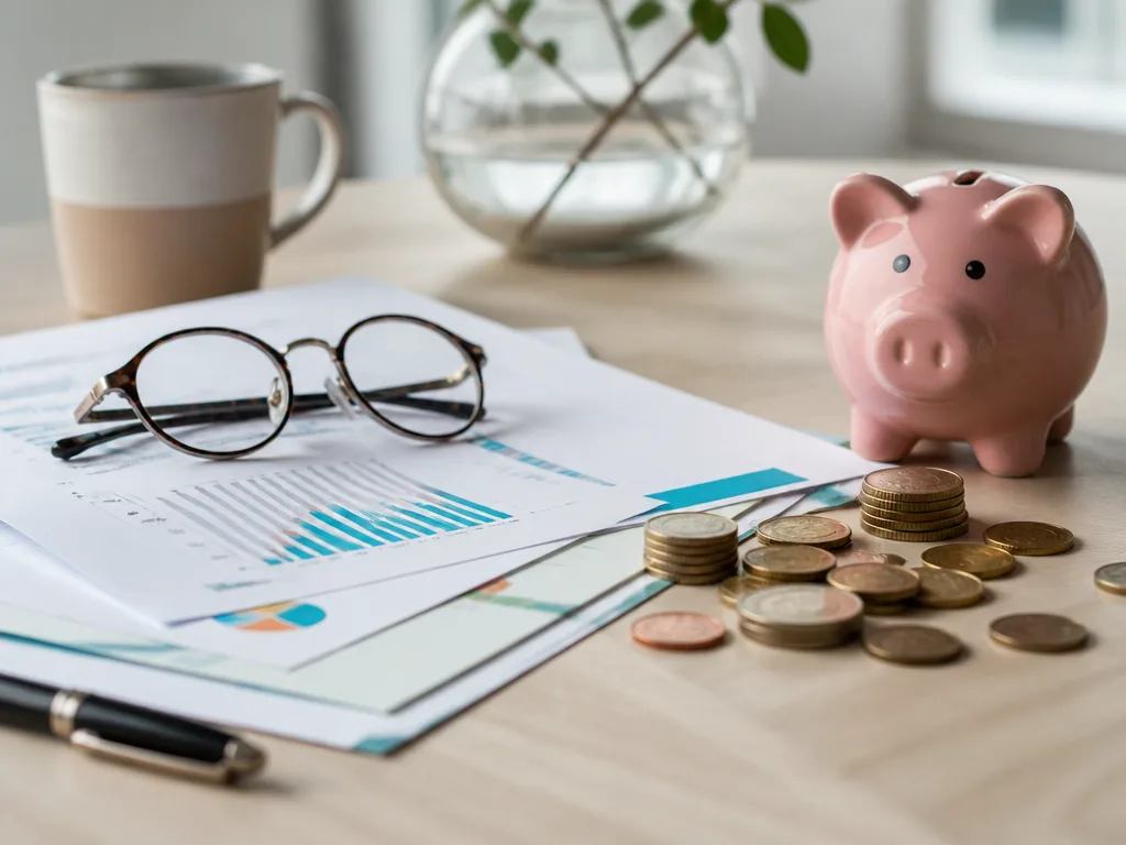 Pensionsdokument och sparbössa på ett modernt skrivbord i naturligt ljus