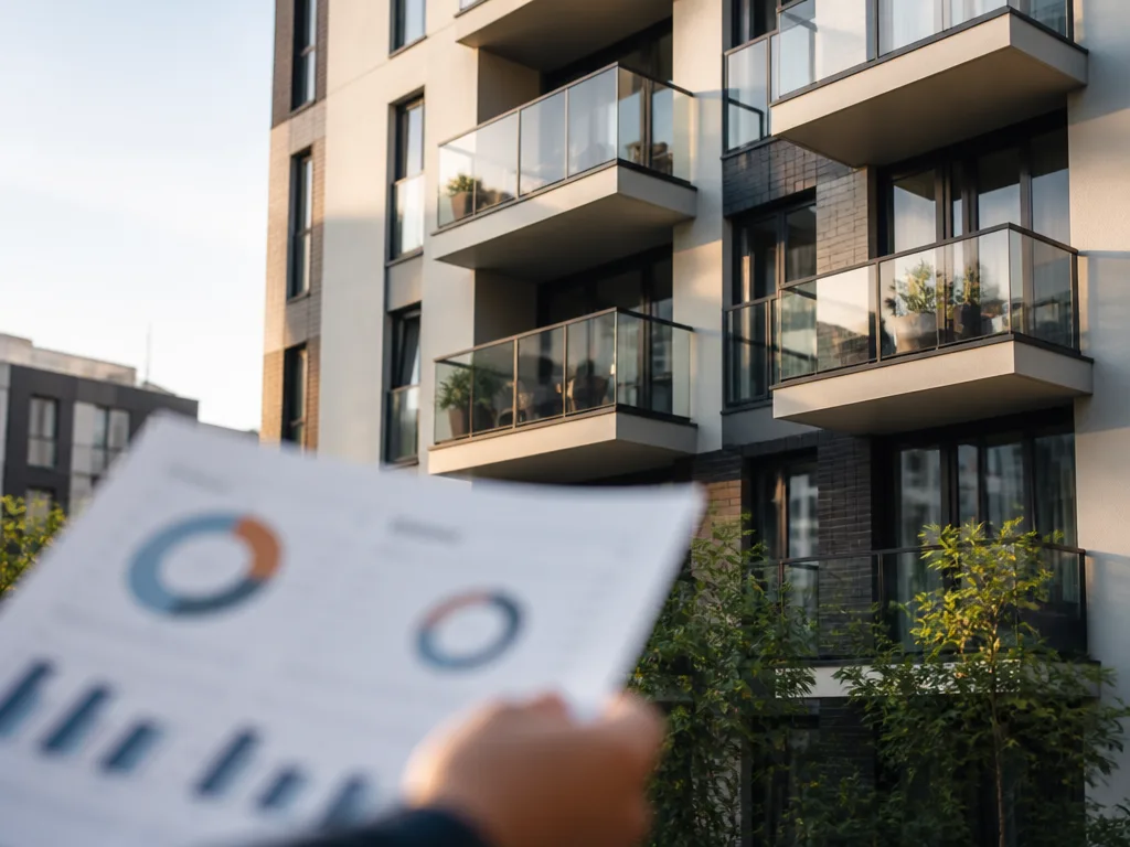 Ett bostadshus i varmt kvällsljus med en årsredovisning i fokus i förgrunden