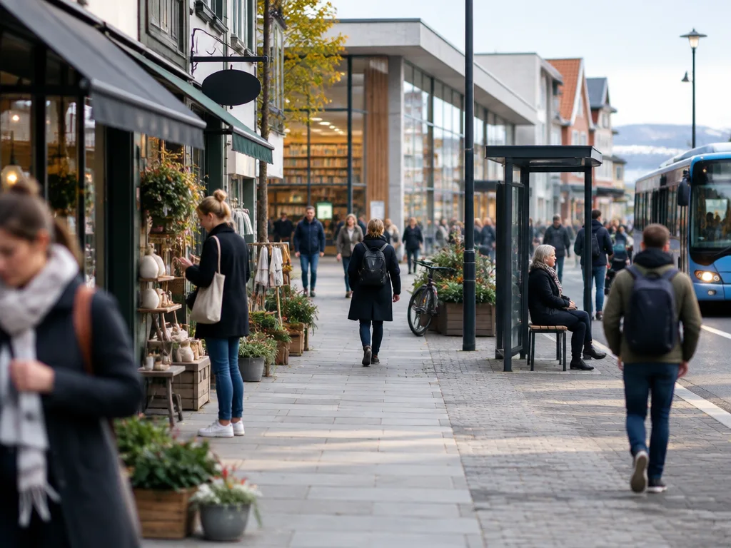 Gågata i en nordisk stad där privata butiker ligger bredvid ett offentligt bibliotek och en busshållplats med stadsbuss