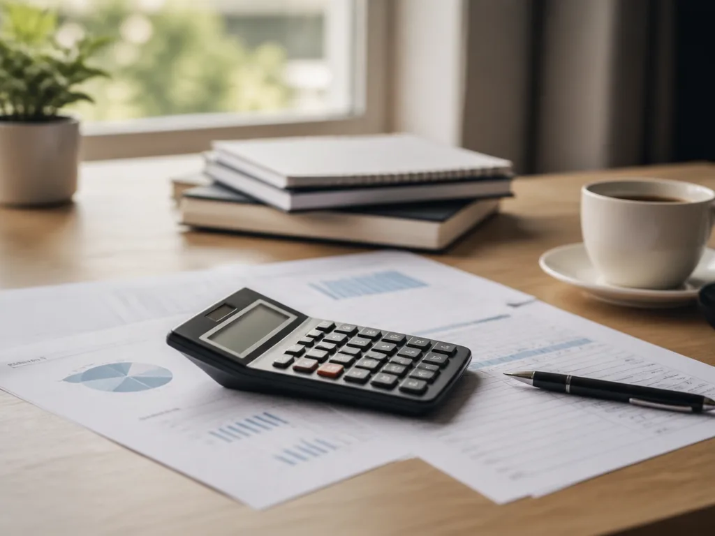 Miniräknare och finansiella dokument på ett träskrivbord i mjukt naturligt ljus