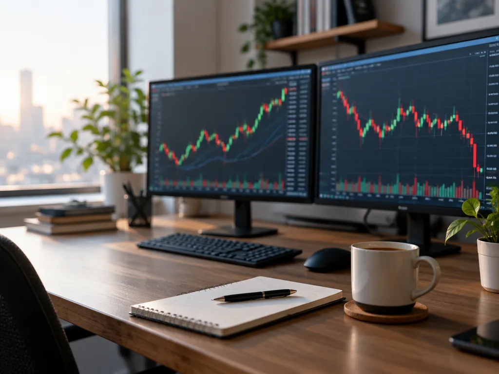 Skrivbord med två skärmar som visar candlestick-grafer, ett anteckningsblock och en kopp kaffe i morgonljus