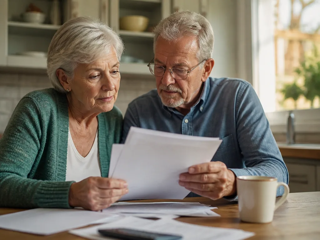Äldre par granskar pensionsdokument vid köksbordet i varmt morgonljus