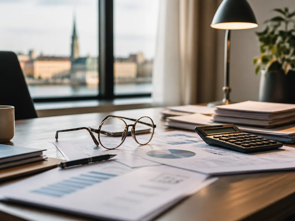 Finansiellt planeringsarbetsbord med pensionsdokument, räknare och glasögon i varmt naturligt ljus