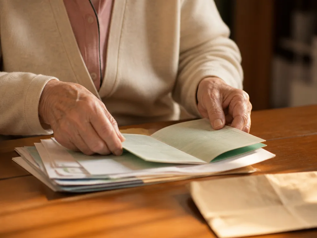 Äldre persons händer som ordnar pappersdokument och en sparbankbok på ett träbord i varmt hemljus