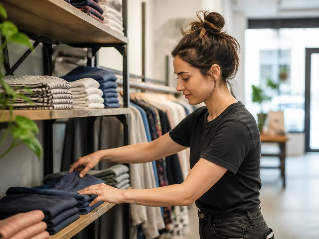 Butiksanställd som fyller på och organiserar kläder på hyllor i en modern klädbutik