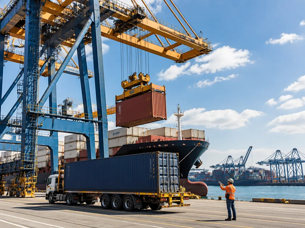 Containerfartyg lastas med lastbryggor i en hamn, en symbol för export och import