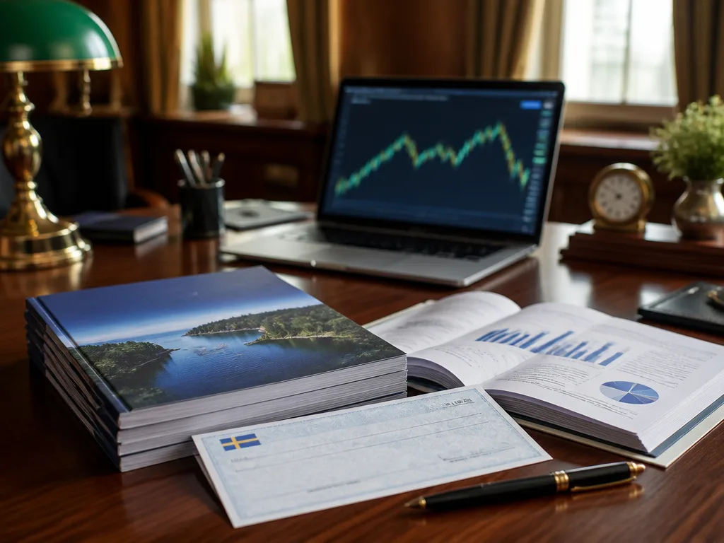 Bankinteriör med årsredovisning och finansiella dokument på skrivbord, laptop med aktiediagram i bakgrunden