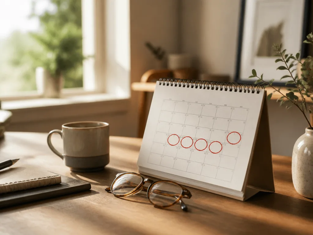 Kalender och kaffekopp på skrivbord, symbol för att planera semesterdagar