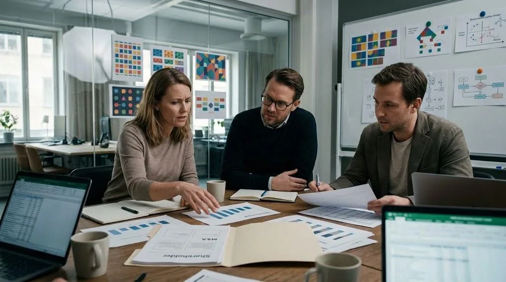 Tre analytiker går igenom finansiella rapporter och diagram vid ett mötesbord