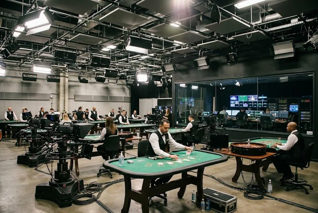 Livecasinostudio med dealers vid spelbord, kameror och ett kontrollrum bakom glas