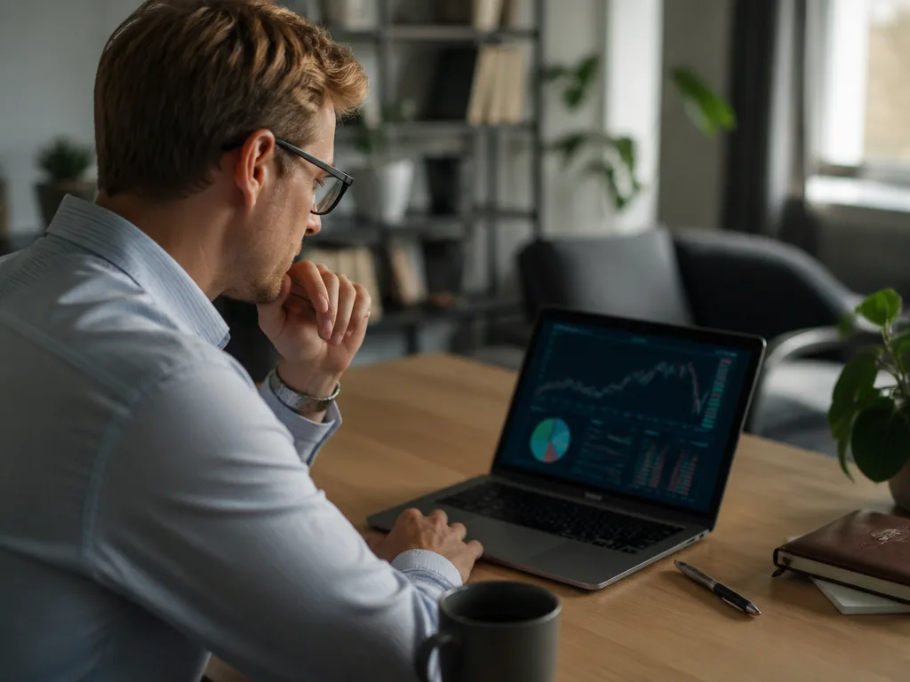 Svensk investerare som analyserar aktieportfölj och fonder på laptop i hemmakontor med naturligt ljus