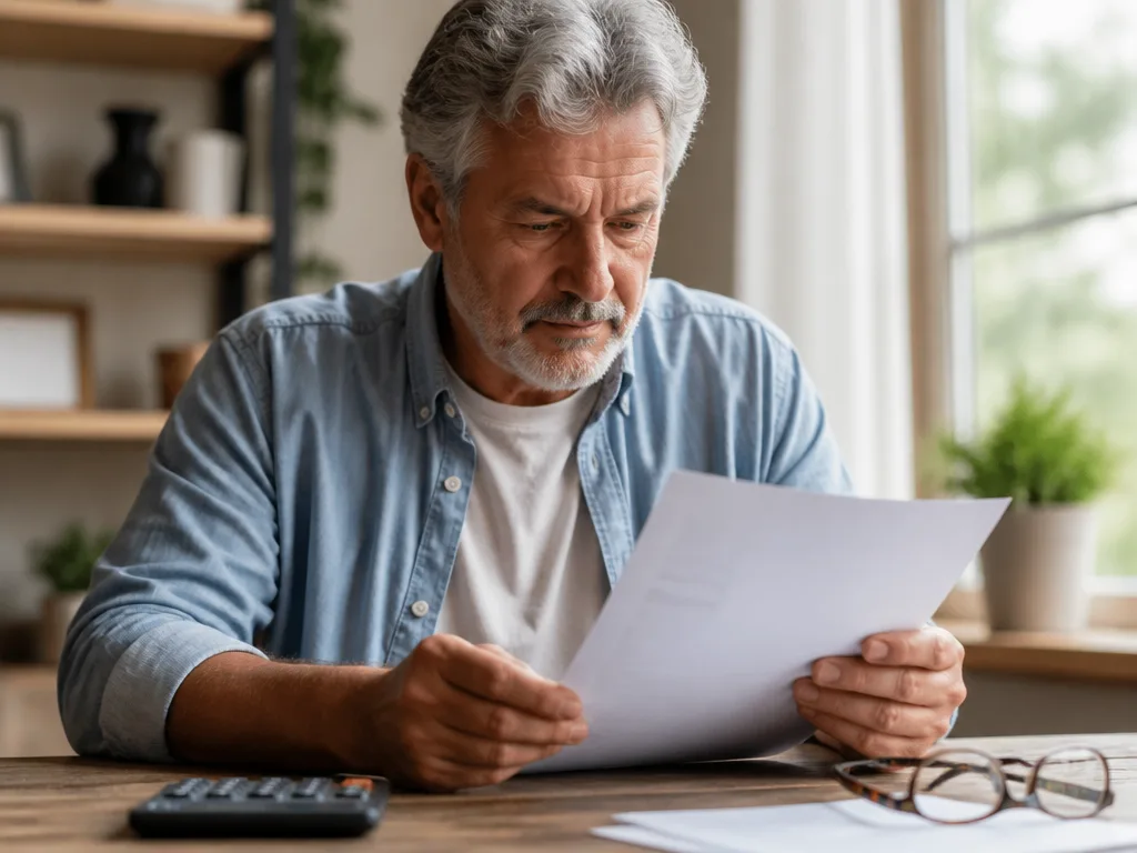 En äldre tjänsteman läser ett pensionsbesked vid ett skrivbord, symbol för tjänstepensionen ITP2
