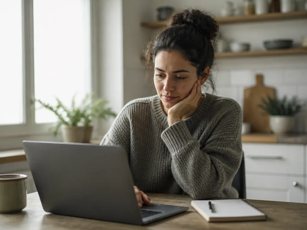 Person vid ett köksbord som jämför lånevillkor på en laptop med anteckningsblock bredvid