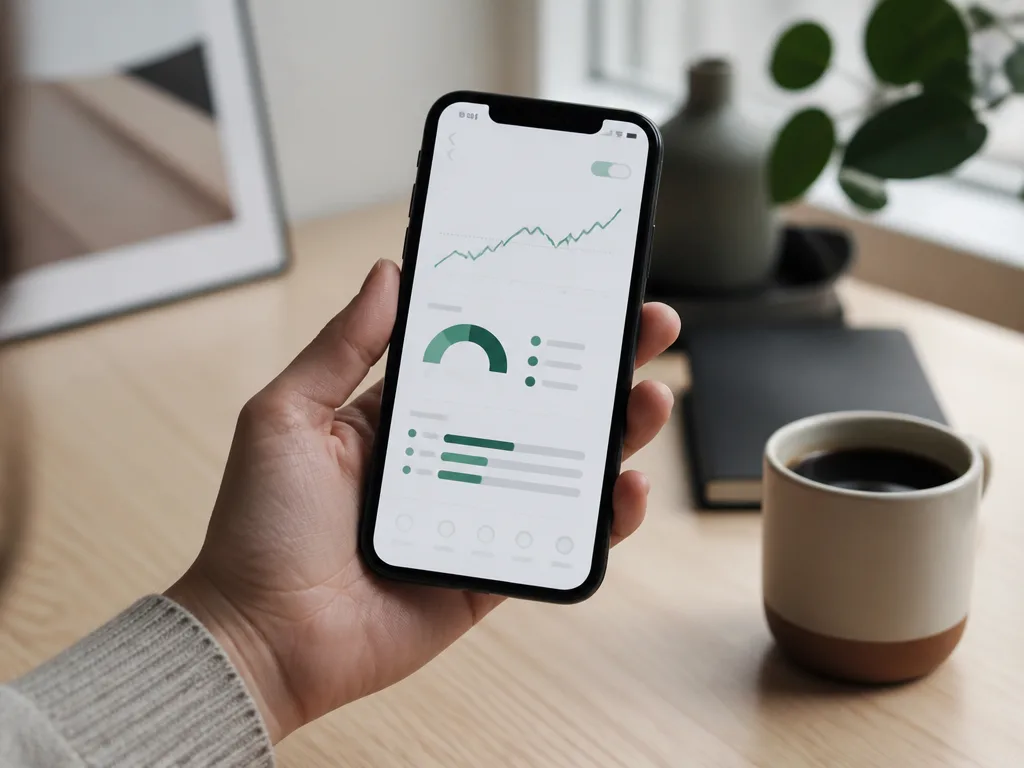 Smartphone med investeringsapp och portföljgrafer på ett modernt skrivbord