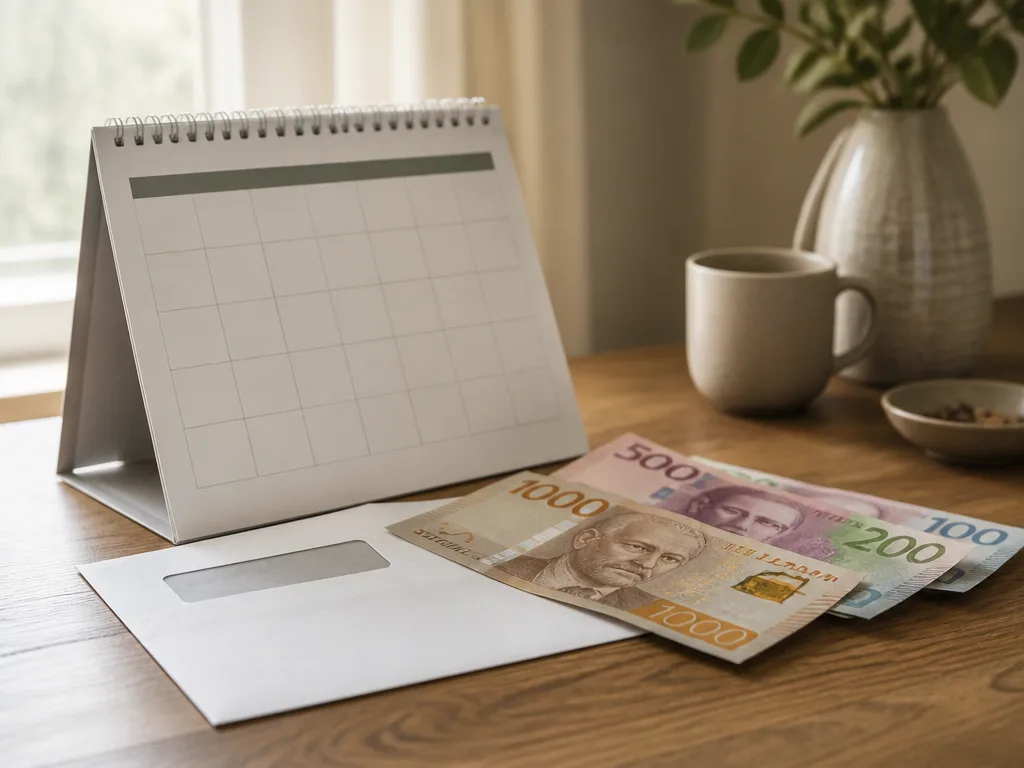 Kalenderblad för april med svenska sedlar och ett kuvert för deklarationen på ett skrivbord