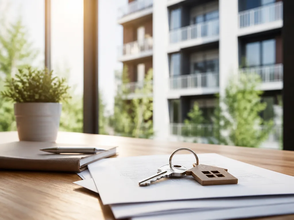Husnyckel och bolånedokument på ett träbord framför ett modernt bostadshus i varmt naturligt ljus