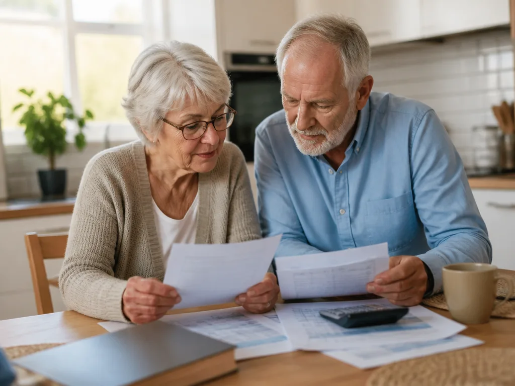 Äldre par granskar pensionsdokument vid köksbordet med räknare och papper