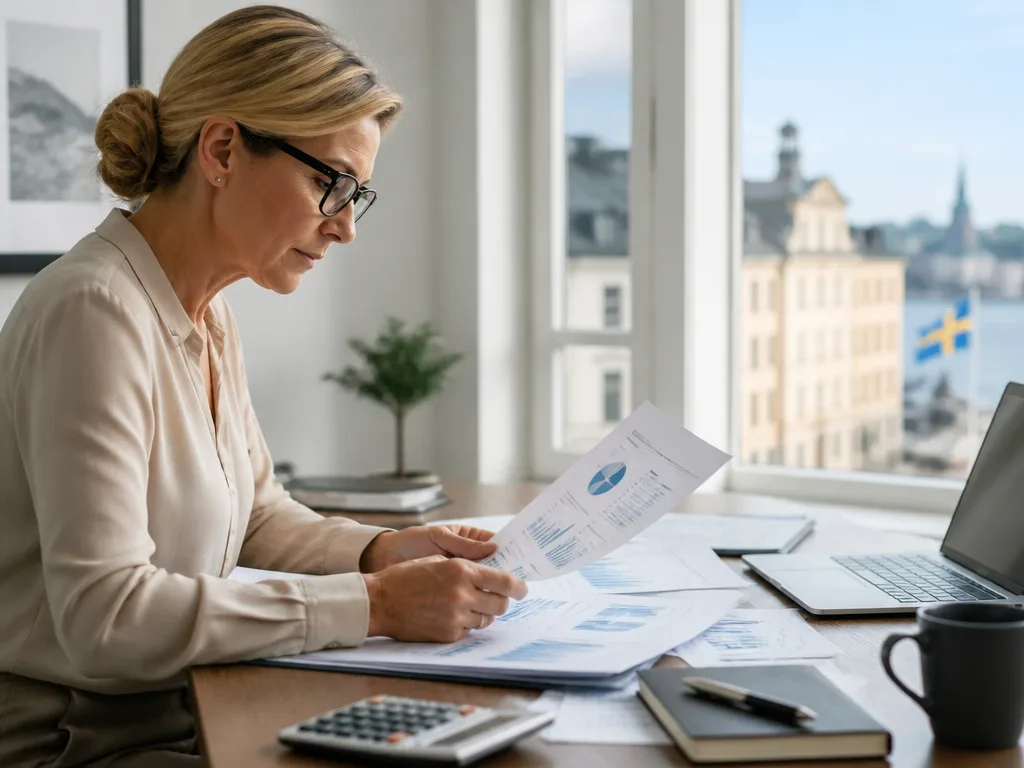 Person granskar pensionsfondsdokument med diagram och grafer på ett modernt skrivbord i naturligt dagsljus