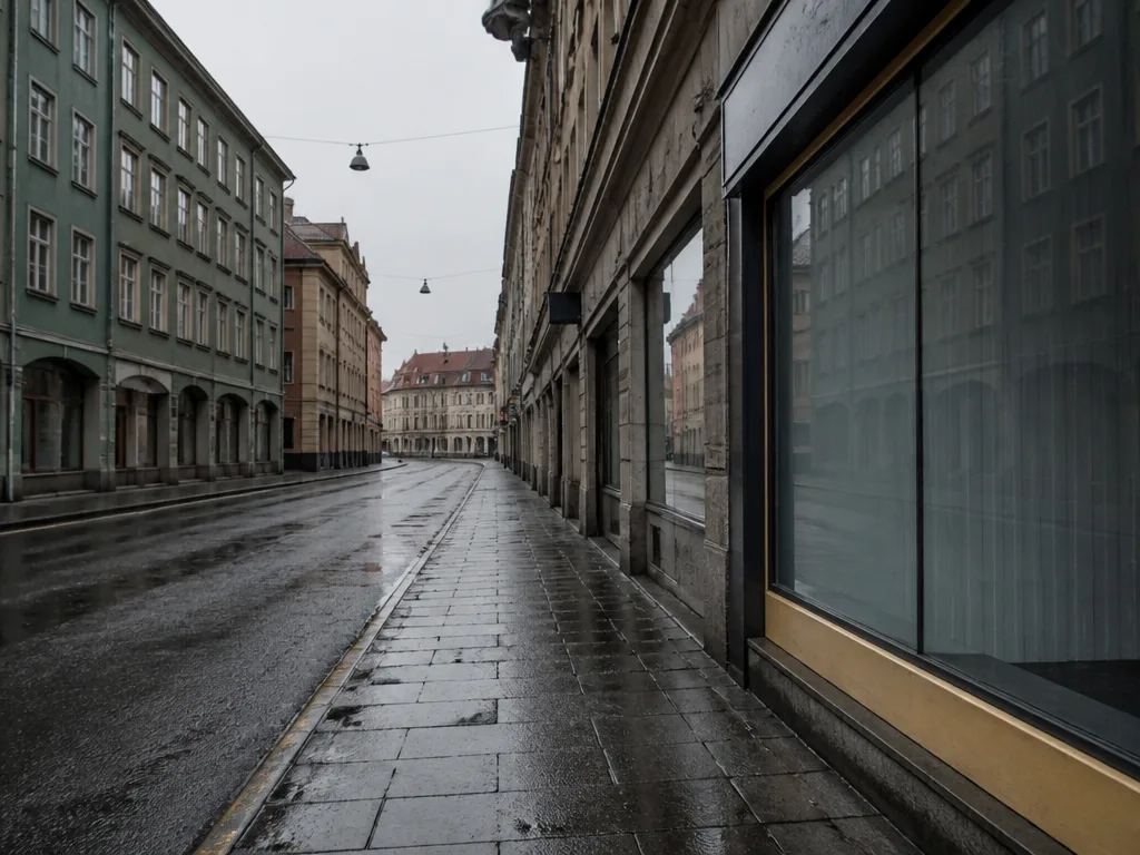 Tom svensk gågata med stängda butiksfönster i en dyster ekonomisk stämning, symbol för recession