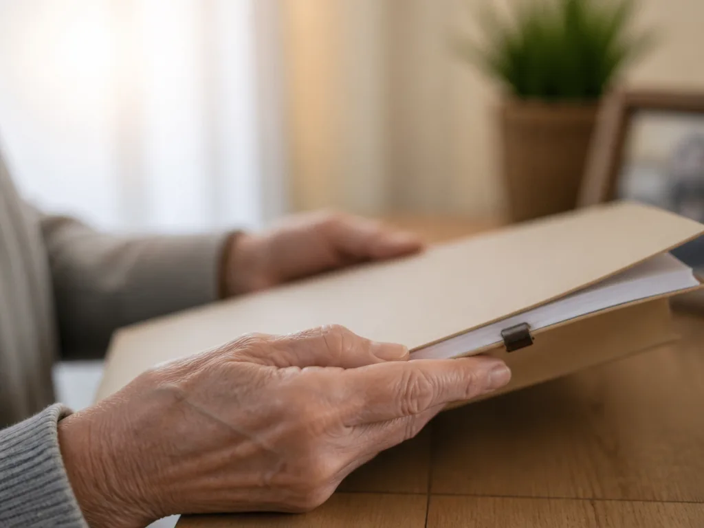 Händer som håller i ett pensionsdokument vid ett träskrivbord i varmt naturligt ljus
