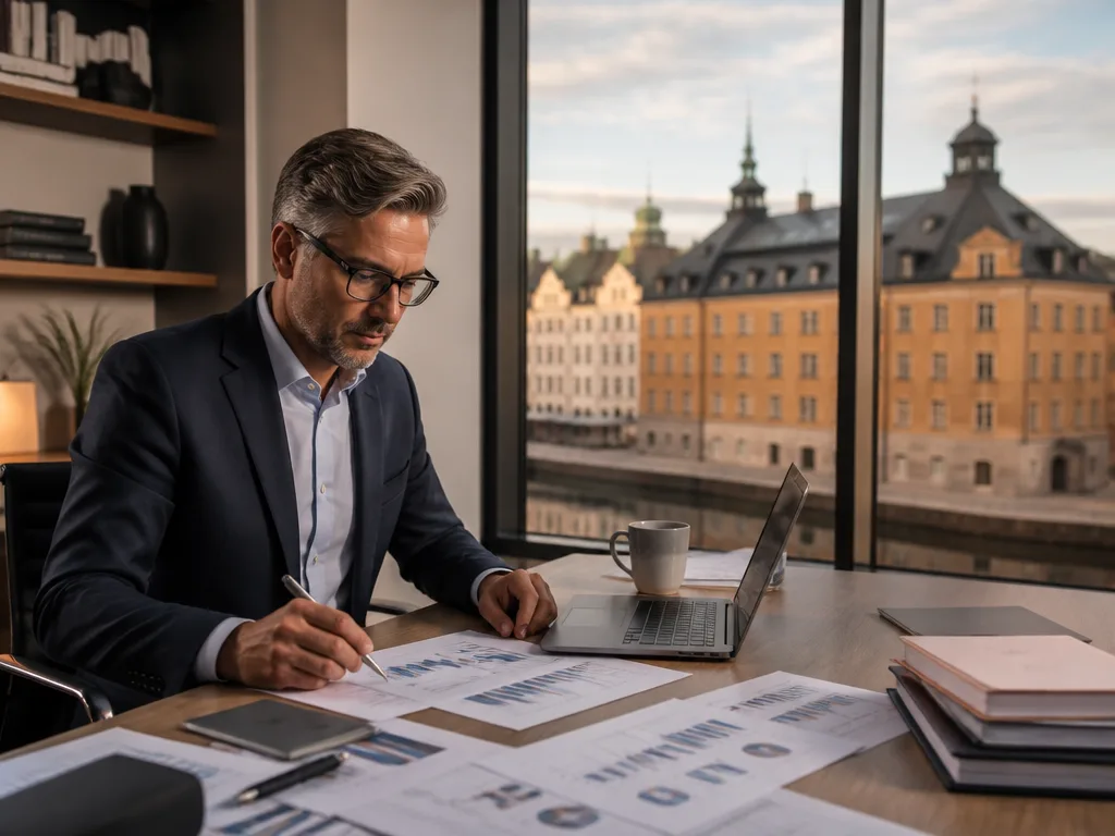 Kontorsmiljö med finansiella analysdokument på ett skrivbord och utsikt mot kontorsbyggnader
