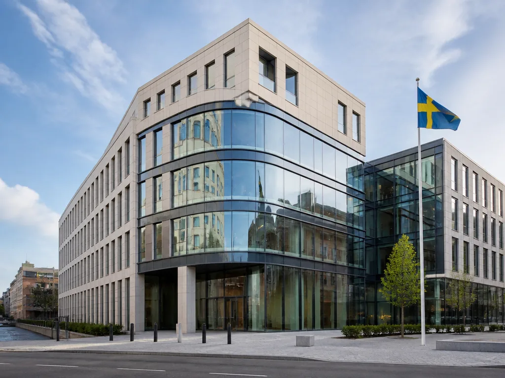 Modernt bankkontor med glasfasad — illustration av SBAB ränta och bolån