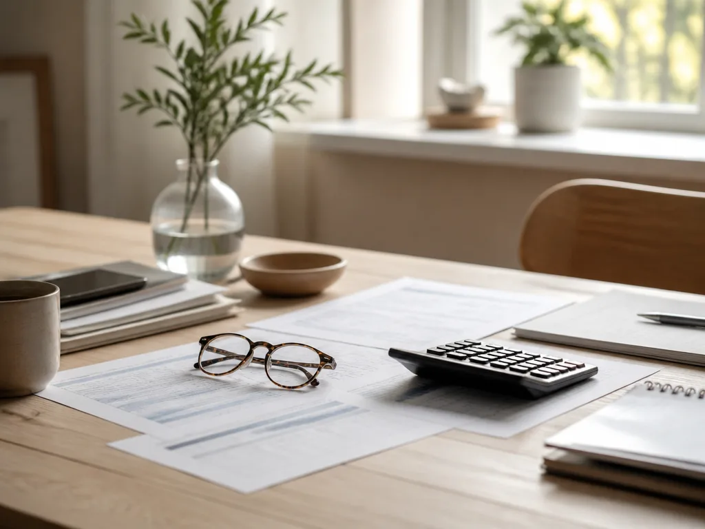 Organiserat skrivbord med finansiella dokument, räknare och läsglasögon i varmt naturligt ljus