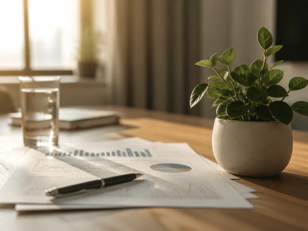 Finansiella dokument och en liten krukväxt på ett träskrivbord i naturligt ljus, illustration av fondsparande