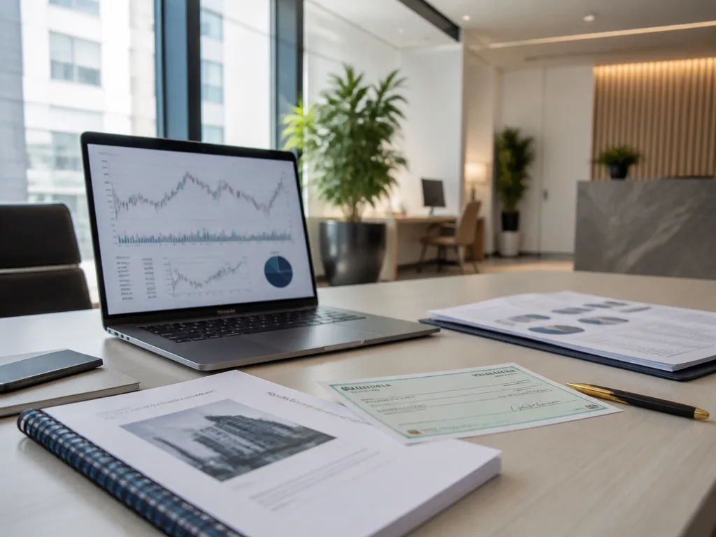 Modernt bankkontor med finansdokument och årsredovisning på skrivbord, laptop med aktiediagram i bakgrunden