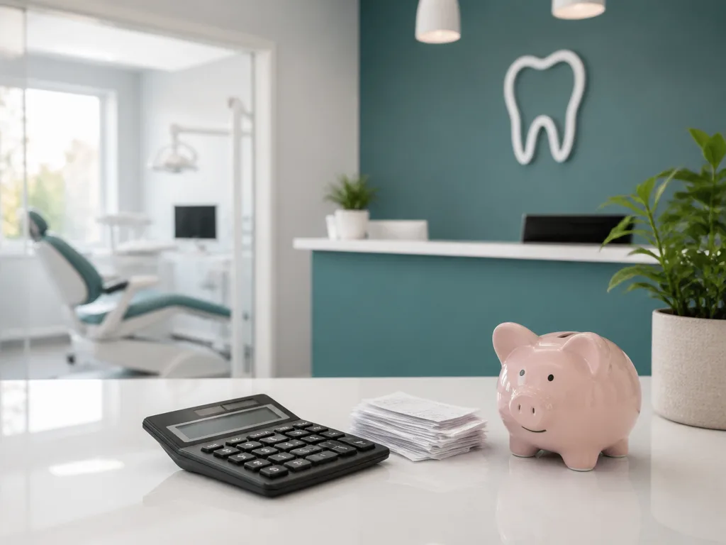 Tandläkarklinikens reception med miniräknare, kvitton och en spargris på ett ljust skrivbord