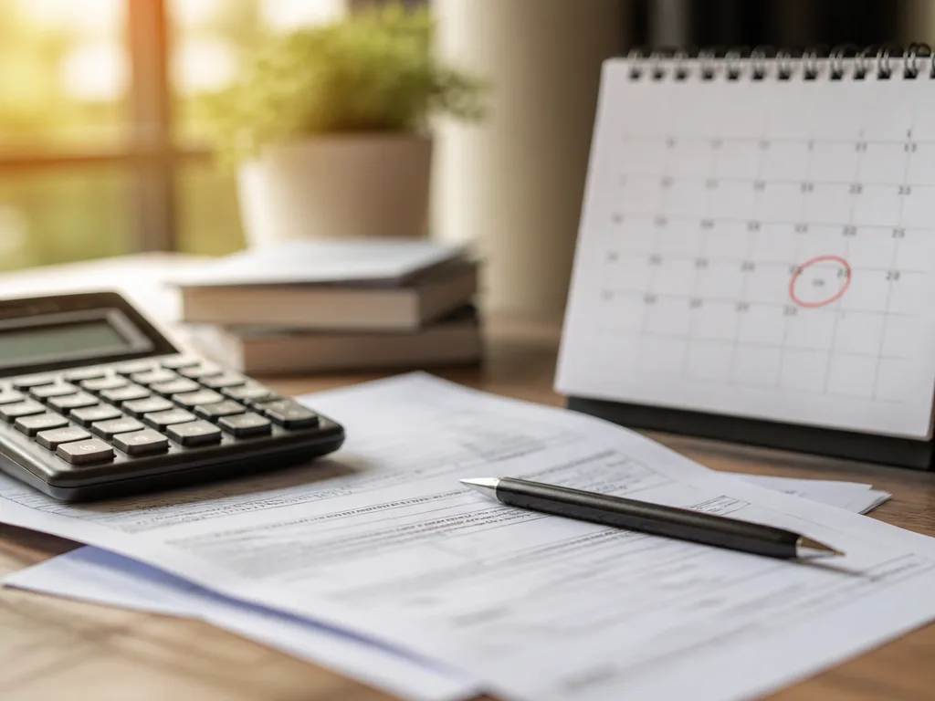 Deklarationspapper och kalender med markerat datum på ett skrivbord tillsammans med miniräknare och penna
